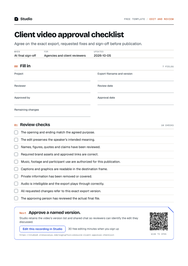 First page of the client video approval checklist