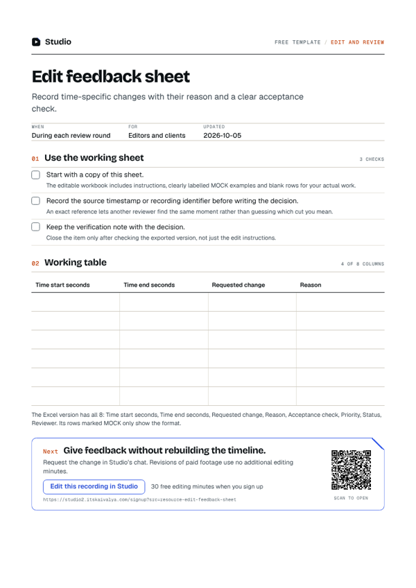 First page of the edit feedback sheet
